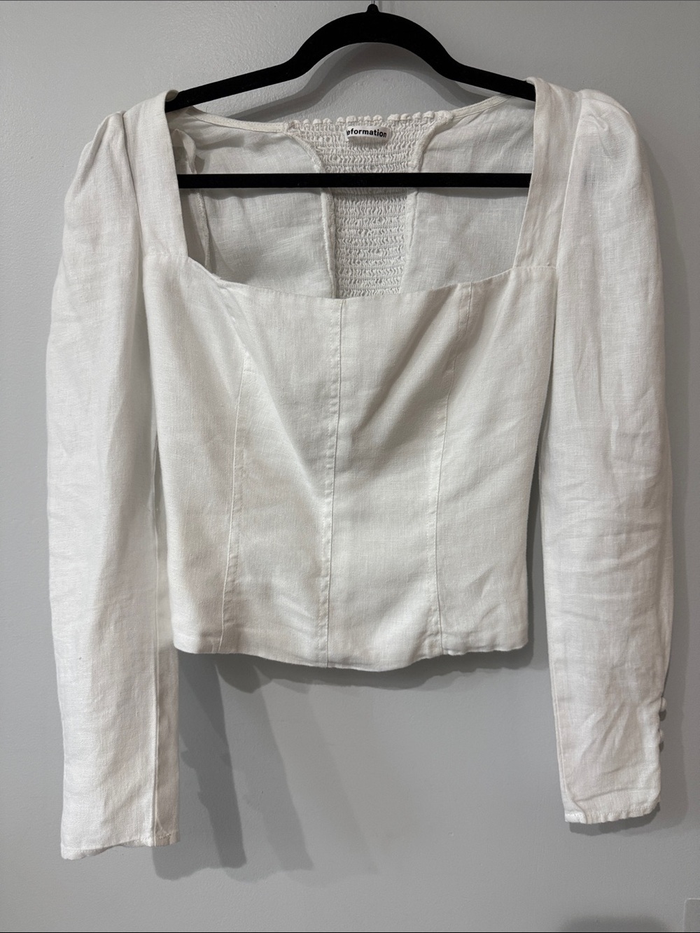 Reformation White Linen Puff Sleeve Square Neck Top
